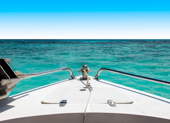Start Journey to The Sea Concept, View of Speed Boat Moving with Seascape and Clear Sky in...
