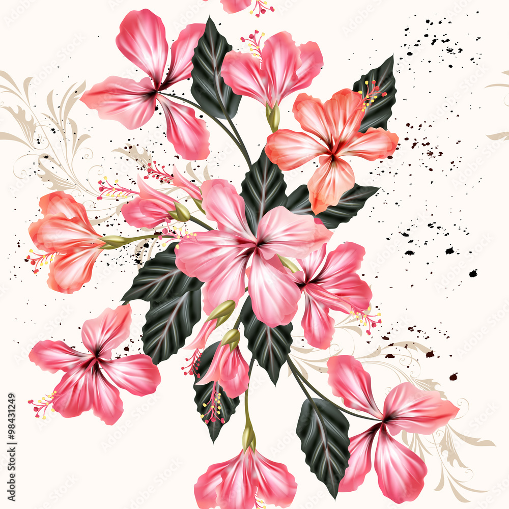 Poster Vector seamless background with hibiscus flowers in retro style