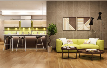 Modern living room with the kitchen