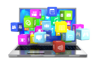 Laptop and flying cubes with icons (front view).