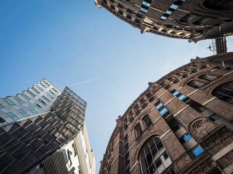 Austria, Vienna, view to gasometer and extension building from below