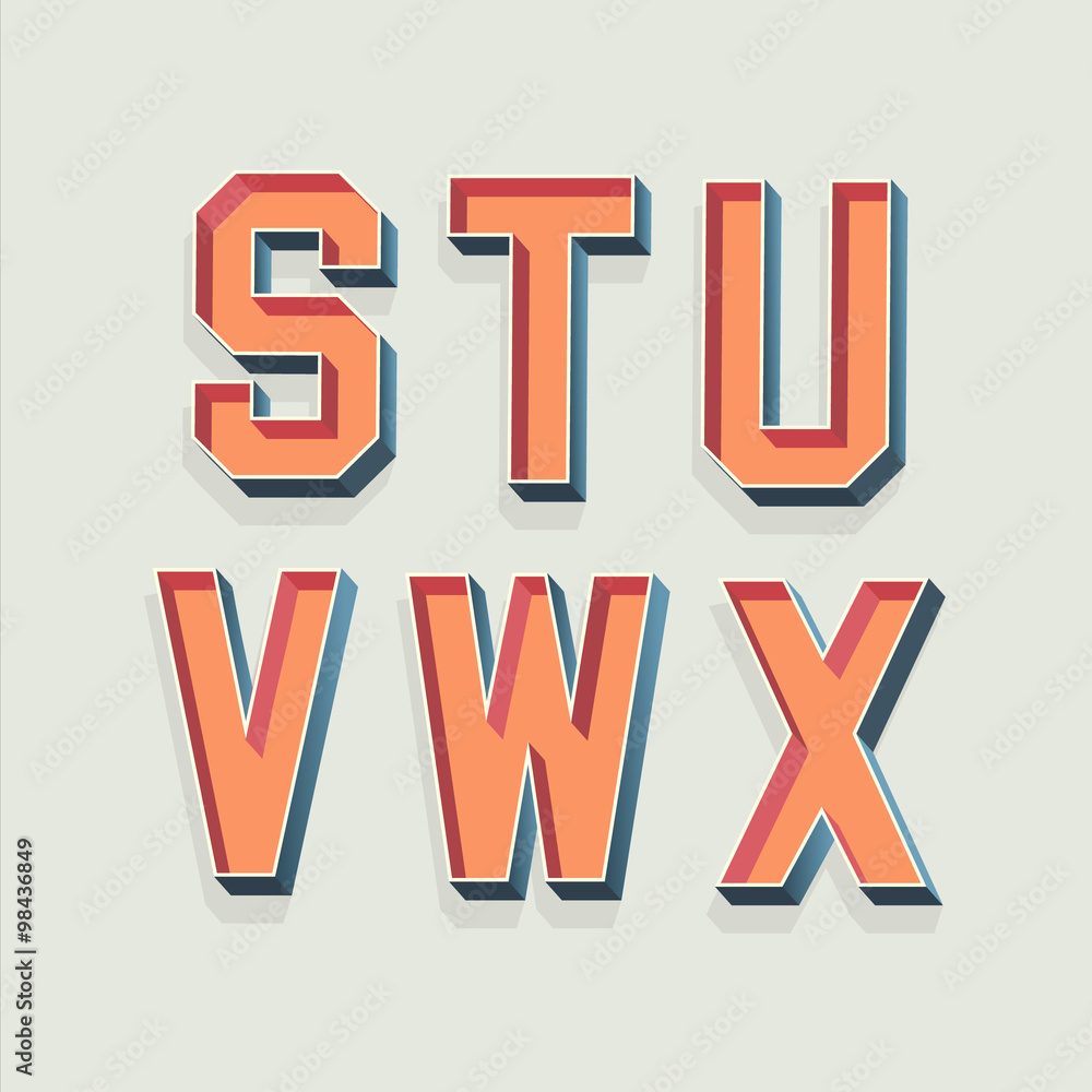 Poster vector retro 3d font with shadow. vintage alphabet from s to x