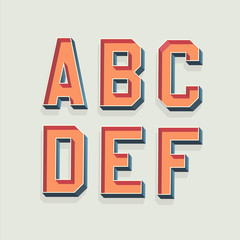 Vector Retro 3D Font with shadow. Vintage Alphabet from A to F