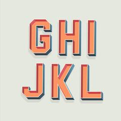 Vector Retro 3D Font with shadow. Vintage Alphabet from G to L