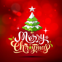Christmas tree greeting card. Merry Christmas lettering on red background