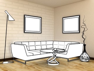 Interior decoration with sofa, lamp, vase, table and picture frame on the brick wall with wooden floor. Copy space image. 3d render