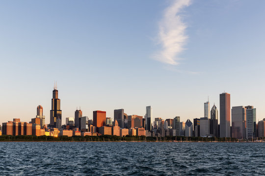 USA, Illinois, Chicago, Skyline, Willis Tower and Lake Michigan