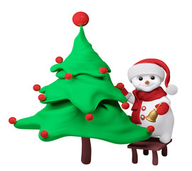 Snowman with new year tree and  bell in hand isolated 3d renderi