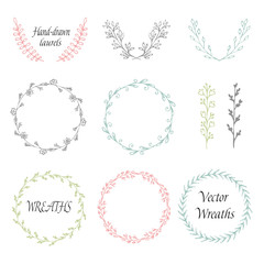 Circle floral borders, wreaths, frames. Sketch elements, hand-drawn with ink. Vector illustration