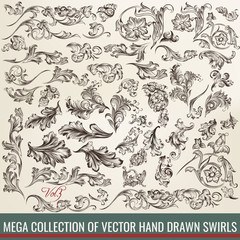 Collection of vector hand drawn flourishes in engraved style. Me