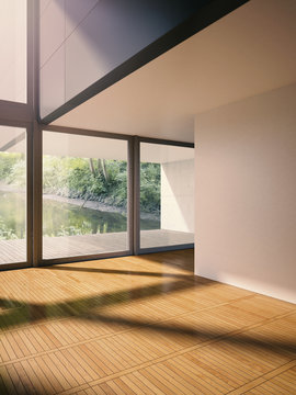 Interior of modern living room with view on brook, D rendering
