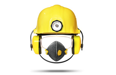 Construction helmet with earphones, goggles and respiration