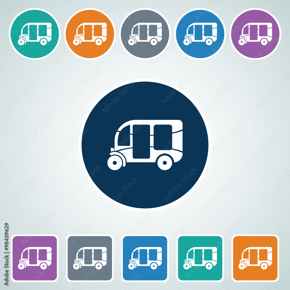 Poster icon of three wheeler auto rickshaw in multi color circle & square shape. eps-10.