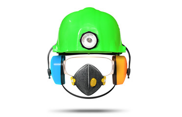 Construction helmet with earphones, goggles and respiration