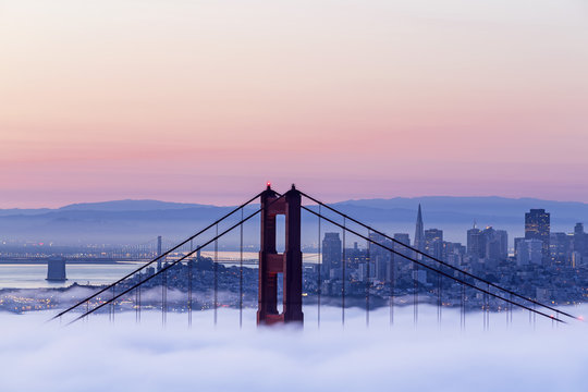 USA, California, San Francisco, skyline and Golden Gate Bridge in fog seen from Hawk Hill - Powered by Adobe