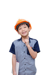 Little Asian boy with helmet thinking over white