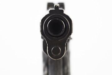 Close up Barrel Snub Nose Revolver Gun Weapon pointed at You