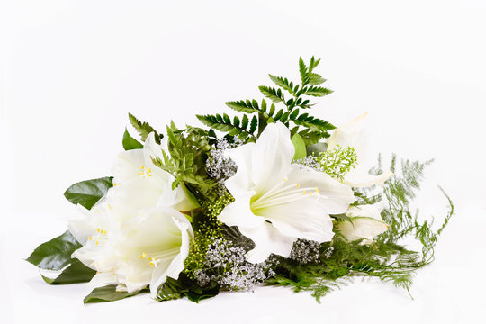 Bouquet composition with white amaryllis on white background