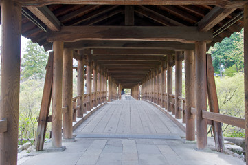 Ancient wooden bridge in a temple in Kyoto, Japan