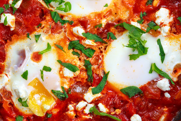 Fresh Eggs poached in tomato sauce and red, yellow pepper, onion