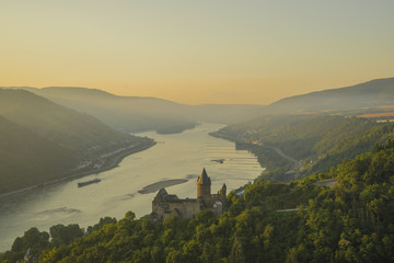 Germany, Rhineland Palatinate, Bacharach, Stahleck Castle, Upper Middle Rhine Valley in the evening
