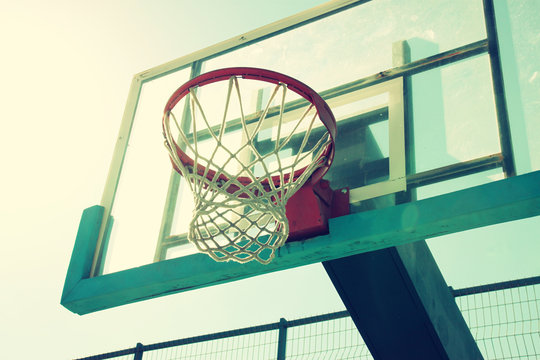 upward view of basketball hoop against sky