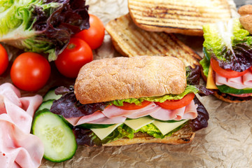 Grilled Sandwich with lettuce, slices of fresh tomatoes, cucumber, red onion, salami, ham and cheese.