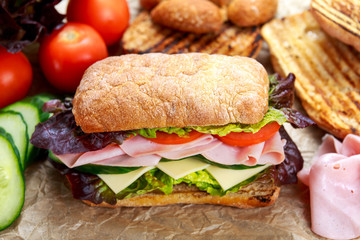 Grilled Sandwich with lettuce, slices of fresh tomatoes, cucumber, red onion, salami, ham and cheese.