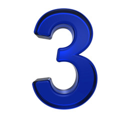 One digit from blue glass alphabet set, isolated on white. Computer generated 3D photo rendering.