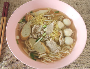 Asian style noodle with variety of pork and fish balls