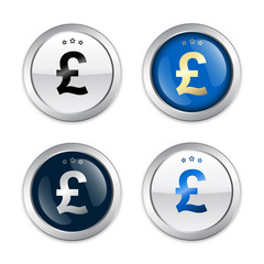 Profit seals or icons with pound sterling symbol. Glossy silver seals or buttons.