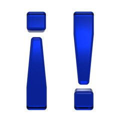 Exclamation mark sign from blue glass alphabet set, isolated on white. Computer generated 3D photo rendering.