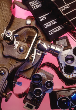 Assorted film cameras for motion pictures in a still life