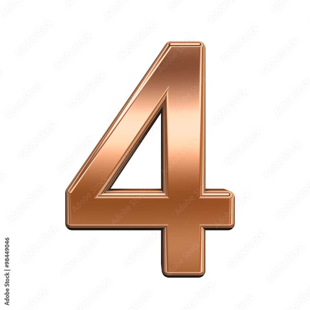Fototapete one digit from shiny copper alphabet set, isolated on white. computer generated 3d photo rendering.