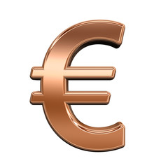 Euro sign from shiny copper alphabet set, isolated on white. Computer generated 3D photo rendering.