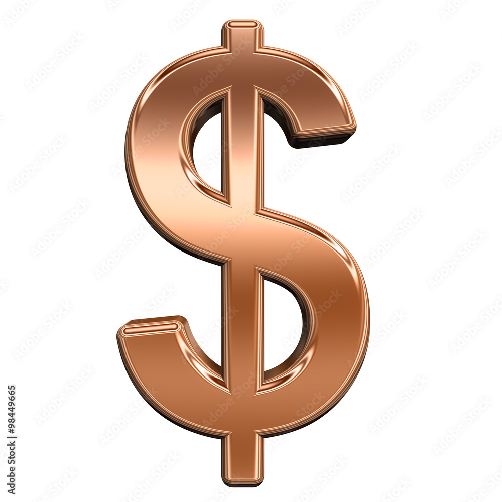 Fototapete Dollar sign from shiny copper alphabet set, isolated on white. Computer generated 3D photo rendering.