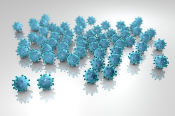 Background with viruses. Microscopic view of influenza virus, Coronavirus, herpes, HIV, adenovirus, model of virus which causes flu, common cold, SARS and MERS, Middle East Respiratory Syndrome