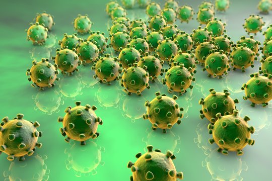 Background with viruses. Microscopic view of influenza virus, Coronavirus, herpes, HIV, adenovirus, model of virus which causes flu, common cold, SARS and MERS, Middle East Respiratory Syndrome