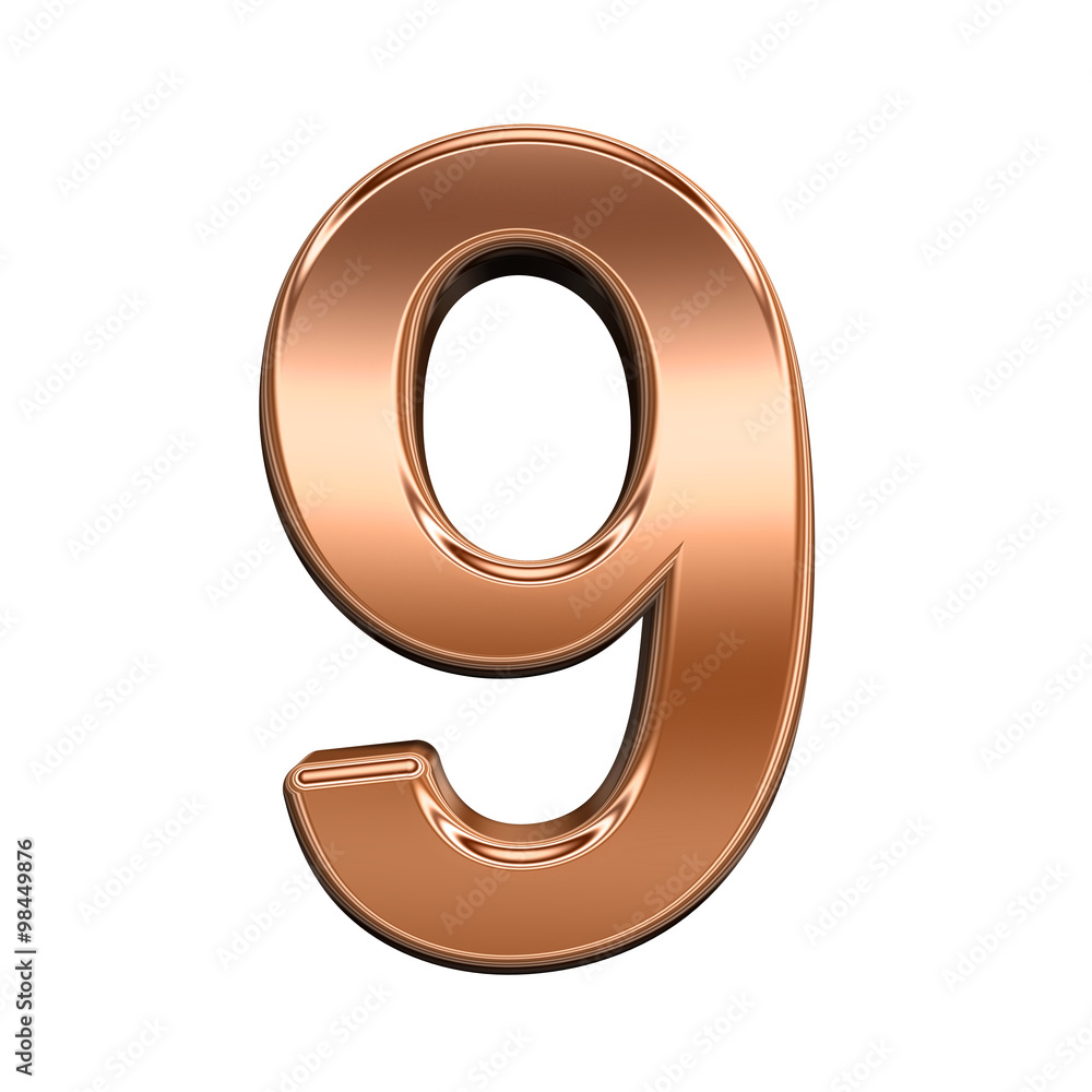 Fototapete one digit from shiny copper alphabet set, isolated on white. computer generated 3d photo rendering.