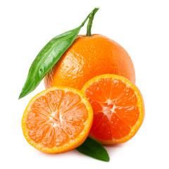 one tangerine with leaf on a white background