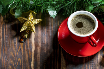 Obraz na płótnie Canvas Cup of coffee with Christmas decorations.