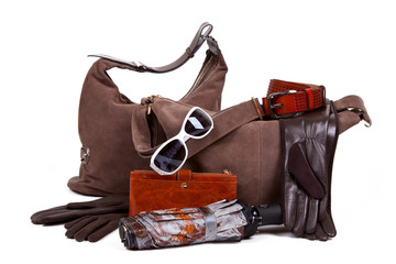 Set of female autumn brown accessories on a white background