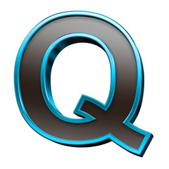 One letter from black with blue shiny frame alphabet set, isolated on white. Computer generated 3D photo rendering.