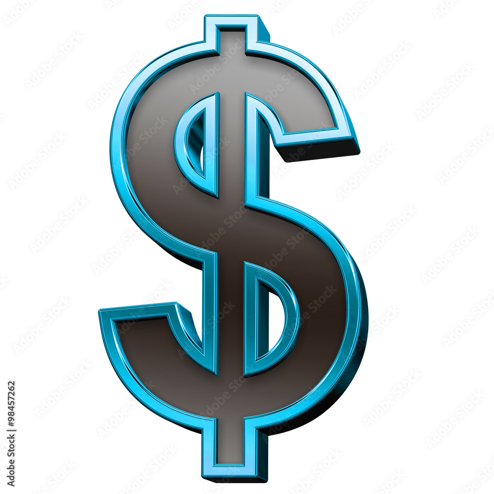 Fototapete dollar sign from black with blue shiny frame alphabet set, isolated on white. computer generated 3d 