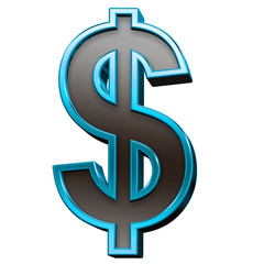 Dollar sign from black with blue shiny frame alphabet set, isolated on white. Computer generated 3D photo rendering.