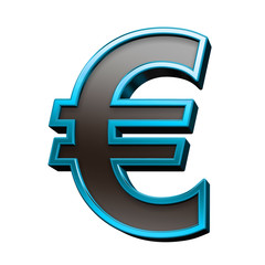 Euro sign from black with blue shiny frame alphabet set, isolated on white. Computer generated 3D photo rendering.