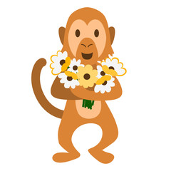 Cute monkey holding a flower bouquet