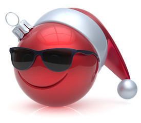 Emoticon Christmas ball eyeglasses smiley face adornment New Year's Eve bauble cartoon decoration cute red. Happy Merry Xmas cheerful glasses smile avatar Santa hat laughing fun character. 3d render