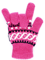 pink winter glove hand gesturing love sign isolated on white background