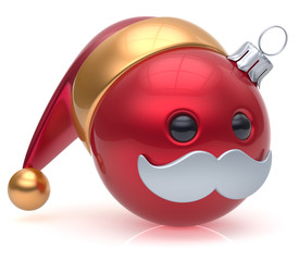 Christmas ball emoticon New Year's Eve bauble Santa Claus hat cartoon mustache joyful face adornment decoration cute red. Happy Merry Xmas cheerful person laughing funny character avatar. 3d render